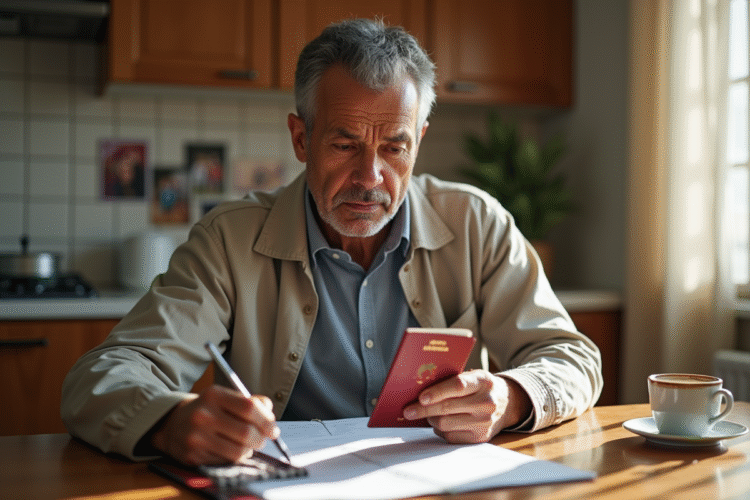 Homme maghrebin examine son passeport dans la cuisine