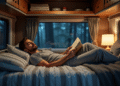 Homme relaxant dans un van en camping la nuit