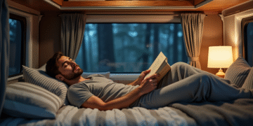 Homme relaxant dans un van en camping la nuit