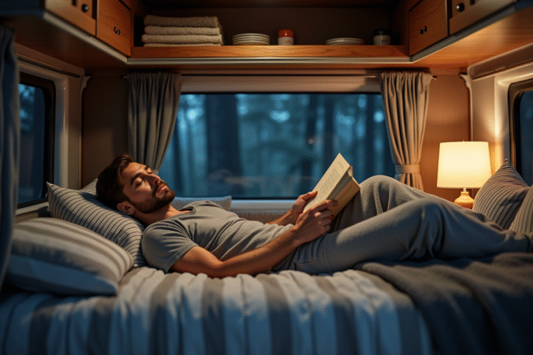 Homme relaxant dans un van en camping la nuit