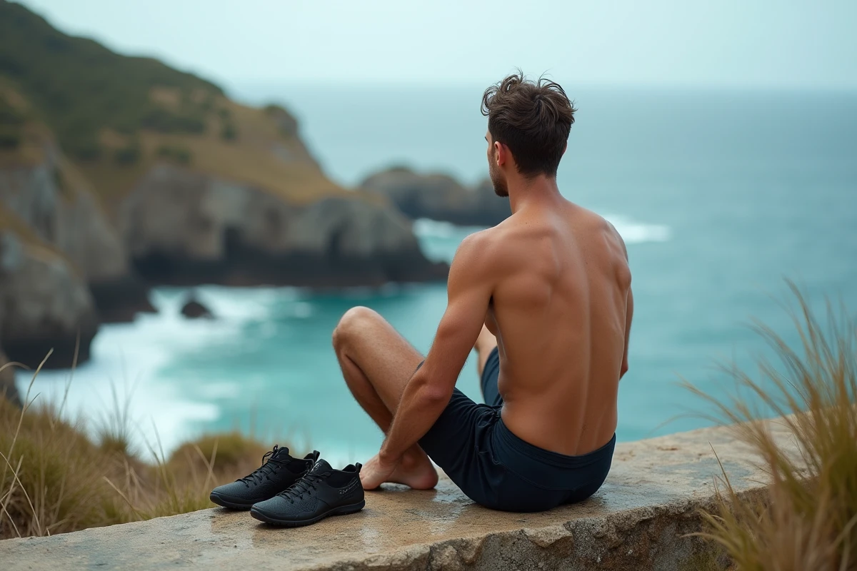 Jeune homme regardant l ocean depuis la côte rocheuse