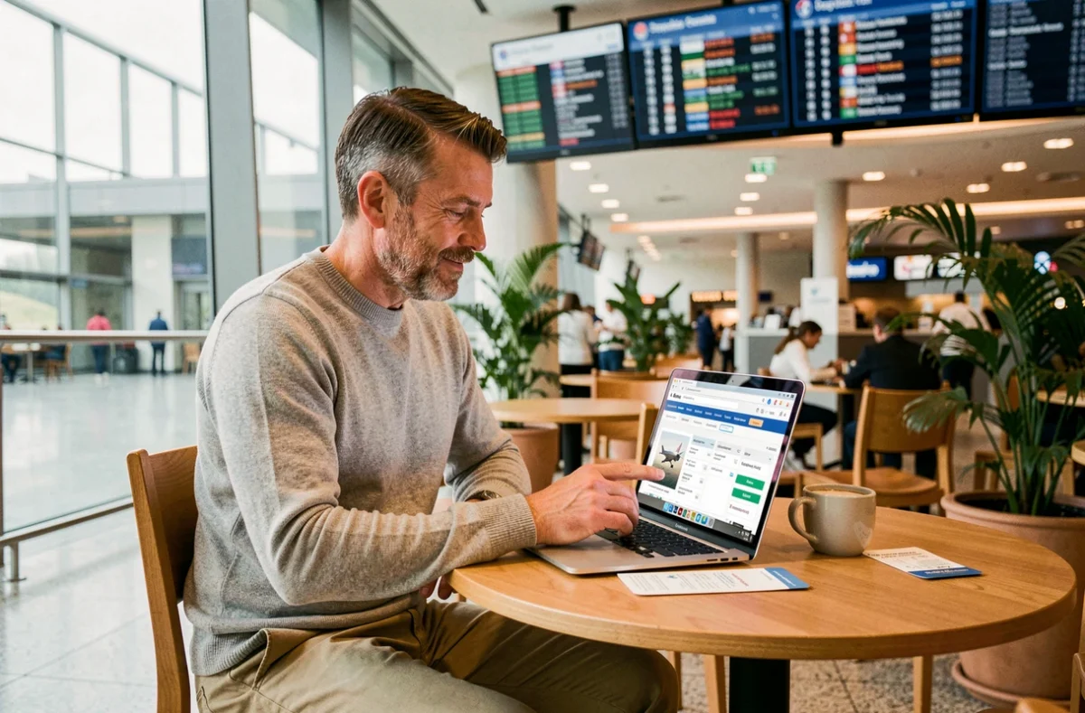 Homme d'affaires comparant des vols long-courriers sur un ordinateur portable dans un café d'aéroport international, avec une carte d'embarquement posée sur la table