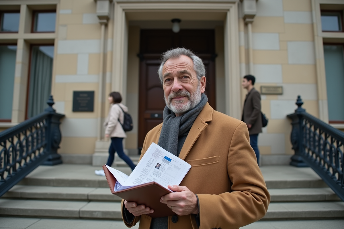 Homme avec dossier et permis de conduire devant une préfecture