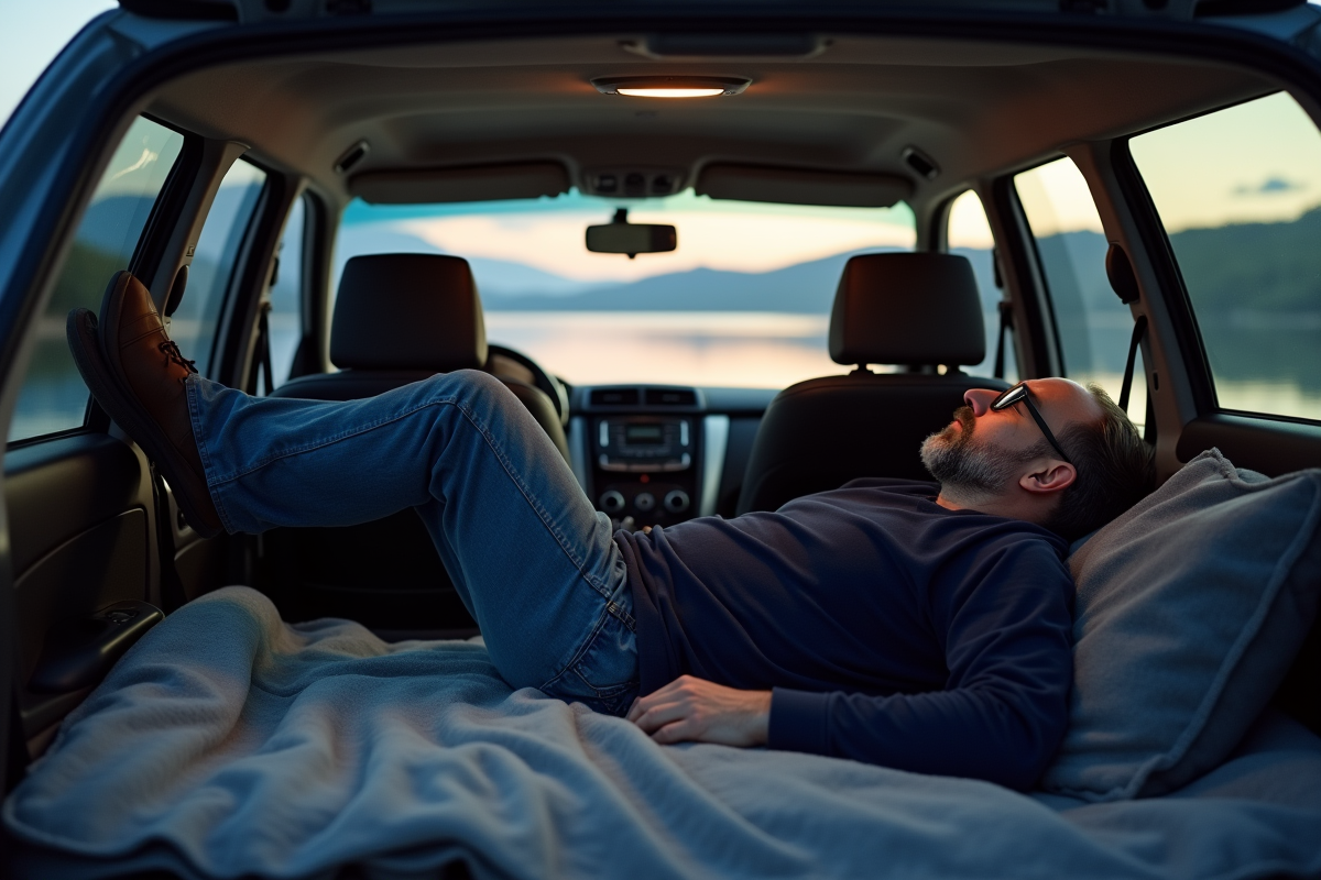 Homme allongé dans une voiture près d’un lac au crépuscule