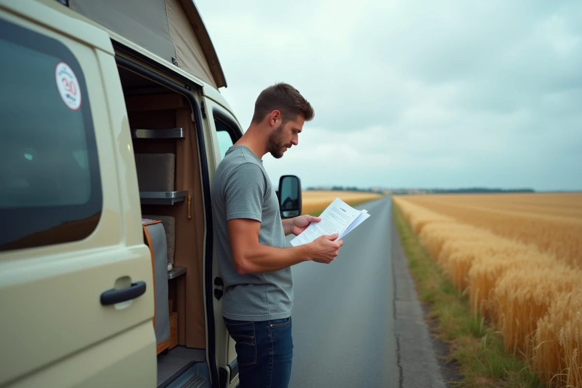 Un homme examine des documents de location de véhicule devant un van aménagé sur une route de campagne lors d'un road trip organisé à l'étranger