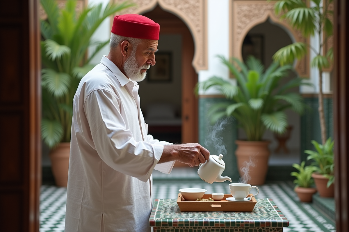 Homme marocain vers 60 ans servant du thé à la menthe dans un riad