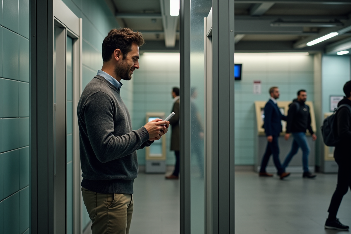 Homme dans une cabine photo pour visa avec son téléphone