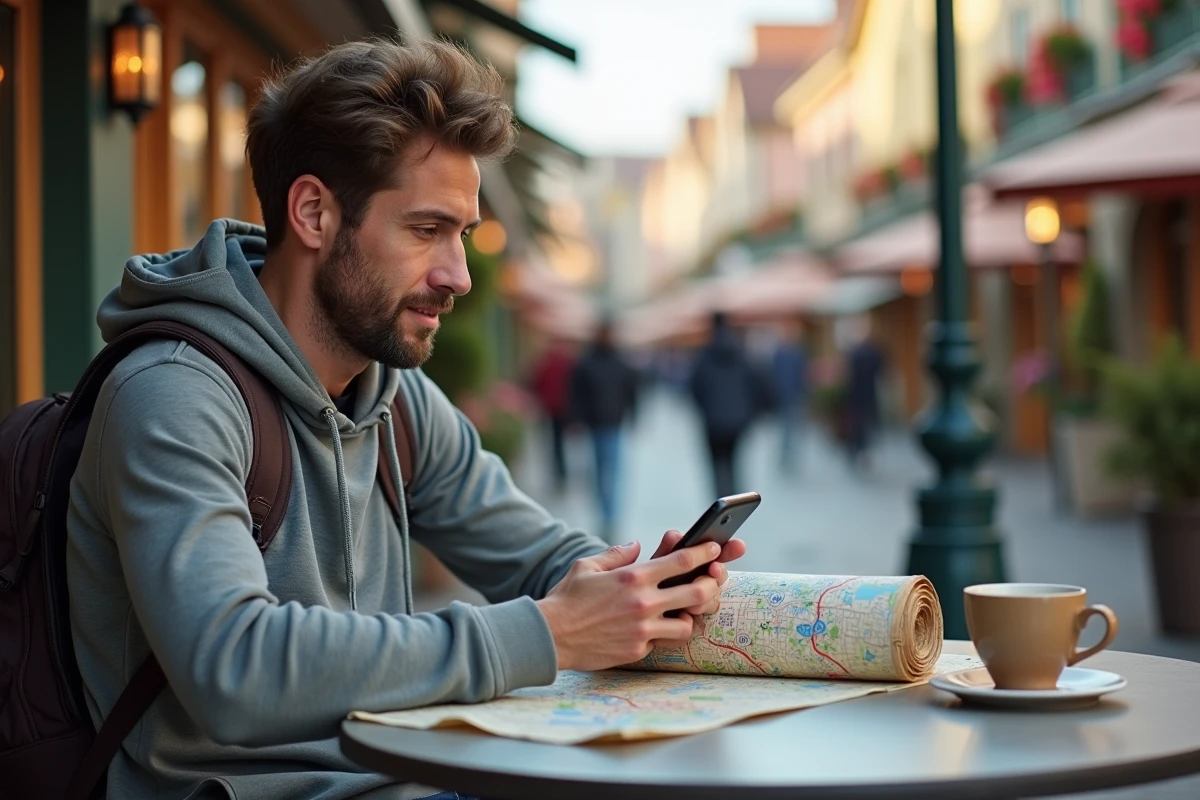 Homme comparant un plan numérique PDF et un plan papier d'Eurodisney à une table de café dans le parc
