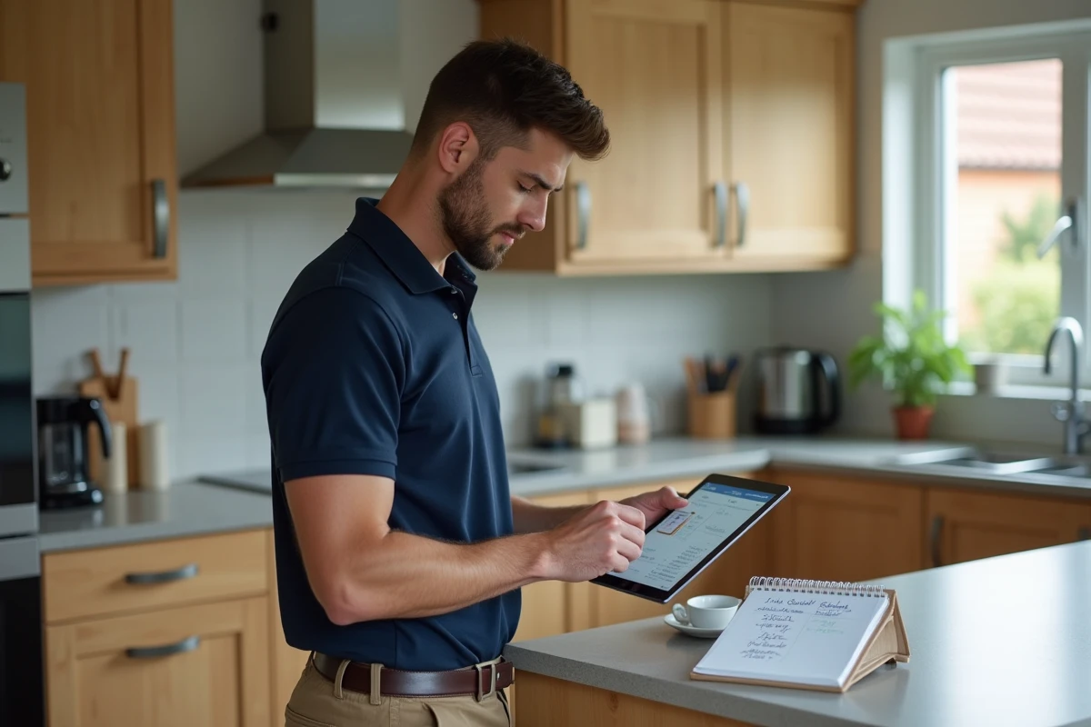Homme consultant une application de comparaison de vols sur tablette dans une cuisine moderne pour organiser ses vacances d'été