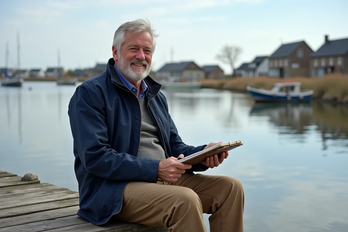 Homme assis sur un ponton regardant la baie d