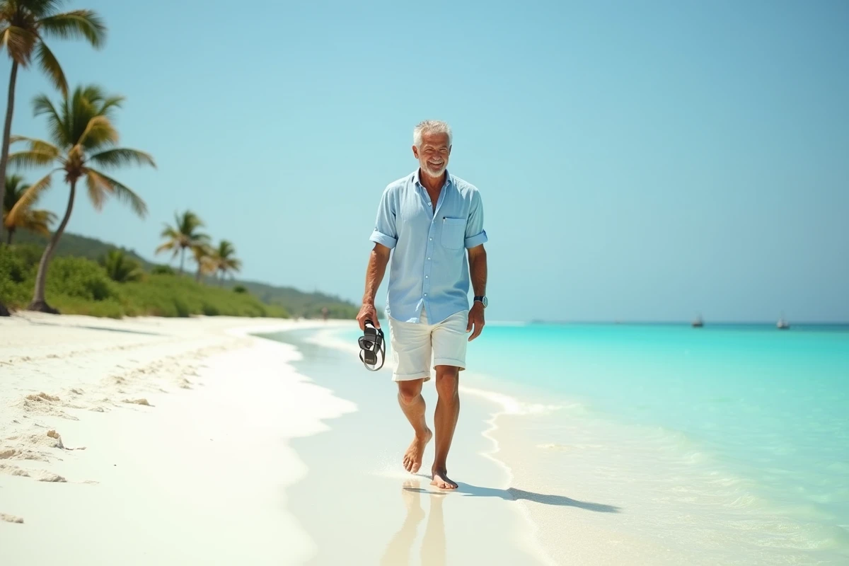 Homme marchant seul pieds nus sur une plage de sable blanc déserte lors de vacances au soleil ressourçantes