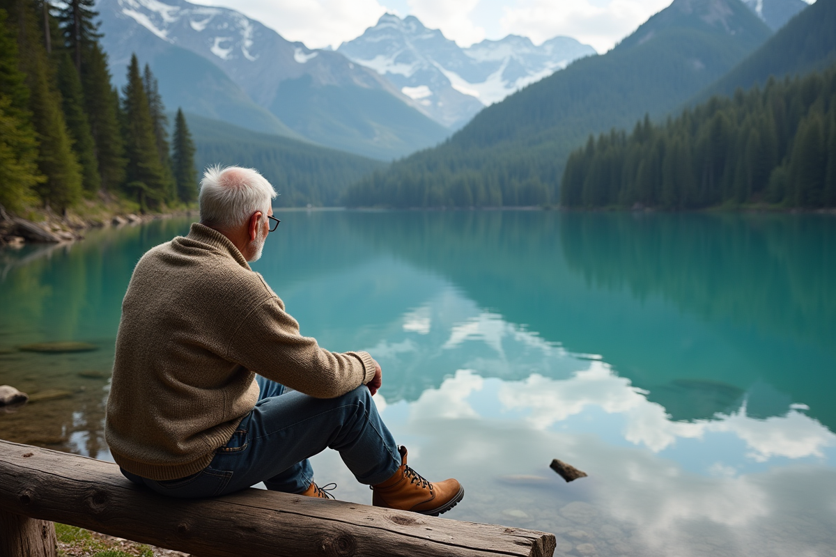 Homme âgé assis sur un banc en forêt près d’un lac turquoise