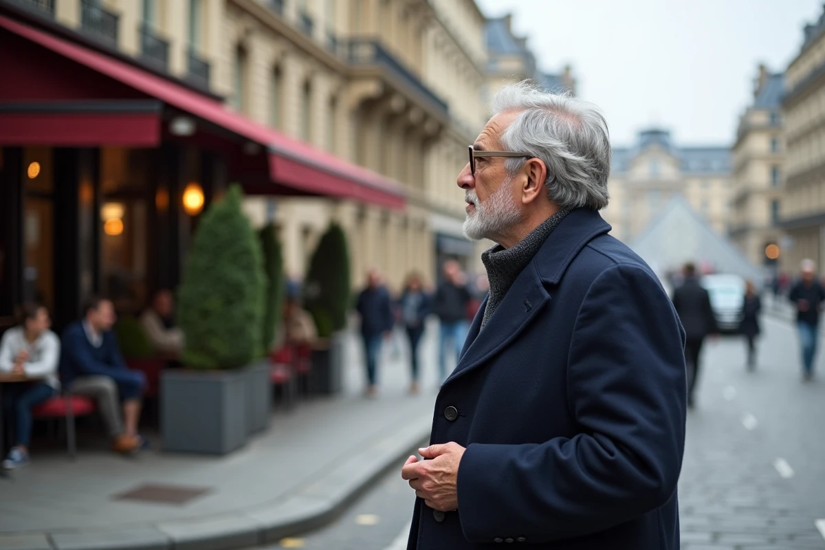 Homme âgé attend au passage piéton face au Louvre à Paris