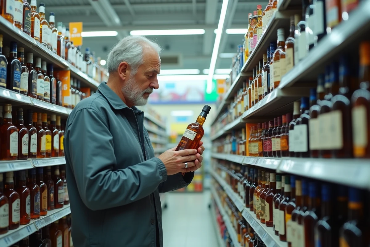 Un homme compare les prix des spiritueux dans un supermarché espagnol avec des bouteilles de whisky et de rhum en rayon