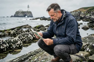 Homme consultant un tableau des marées sur les rochers de Biarritz au bord de l'Atlantique