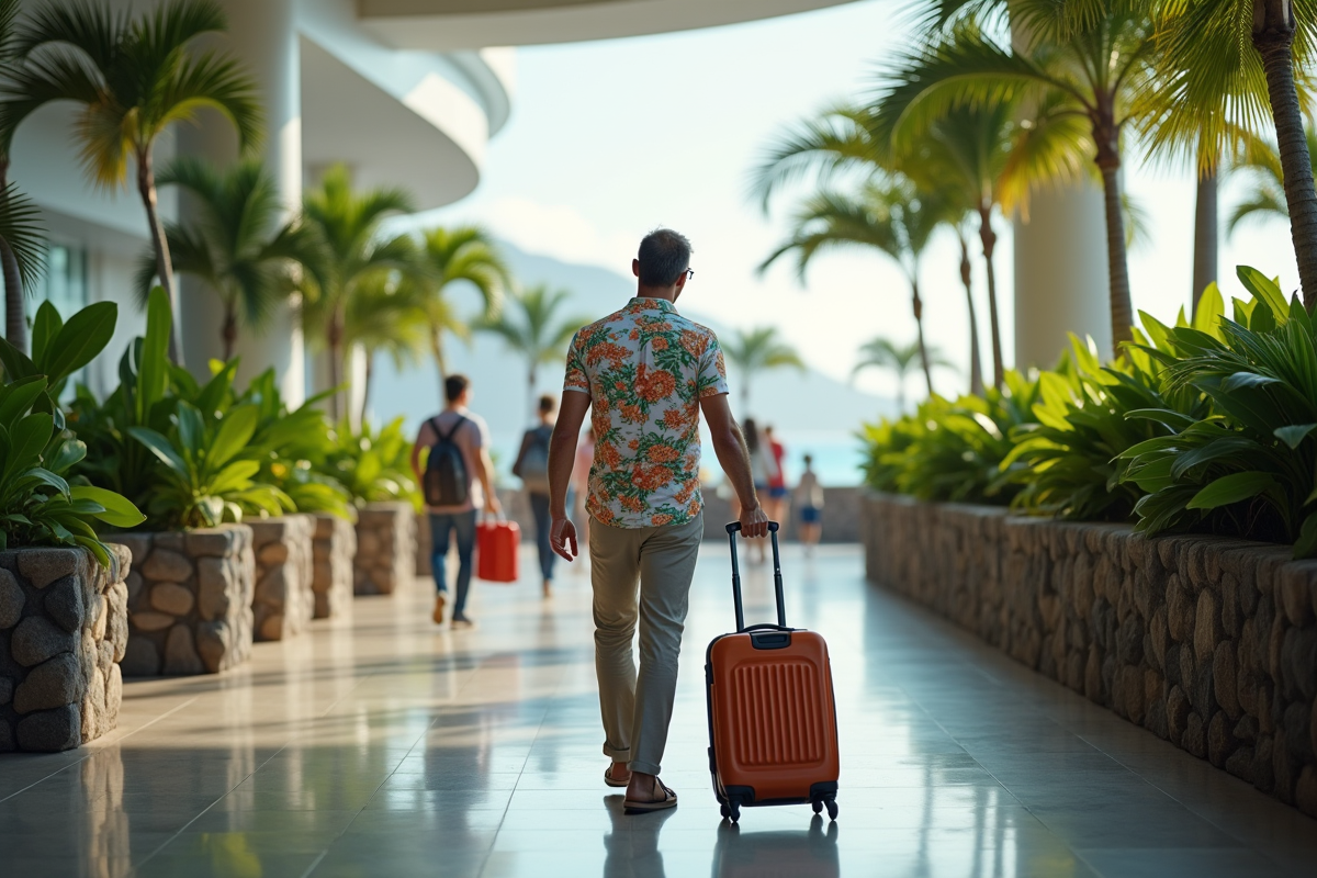 Homme avec valise dans un aéroport tropical à Hawaii