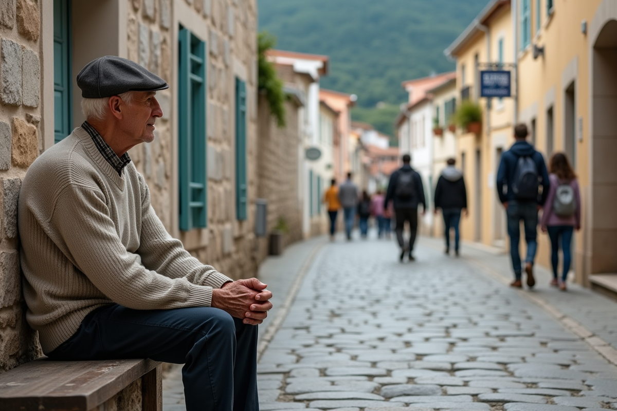 Homme âgé assis sur un banc dans un village côtier