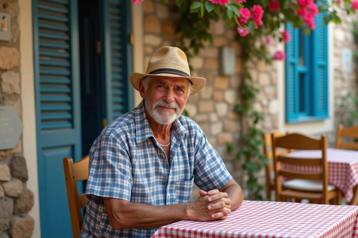 Homme grec âgé assis dans un café traditionnel de Karpathos