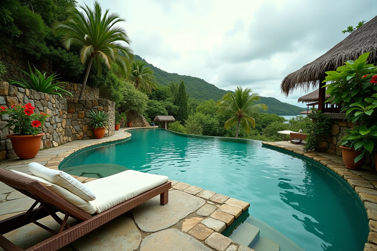 Piscine à débordement d'un hôtel 5 étoiles intimiste en Guadeloupe entourée d'une végétation tropicale luxuriante
