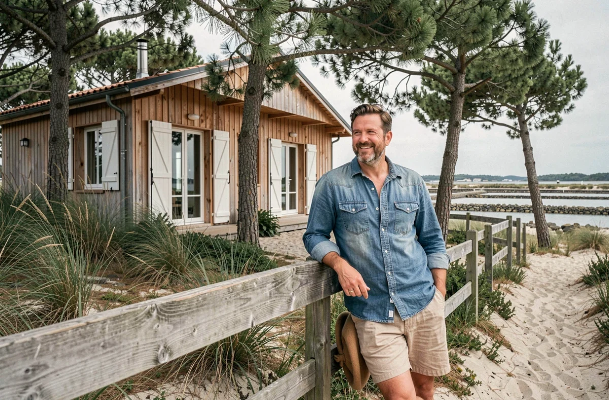 L'Hôtel des Dunes à Lège-Cap-Ferret avec son bardage en bois naturel entouré de pins et de végétation dunaire côtière