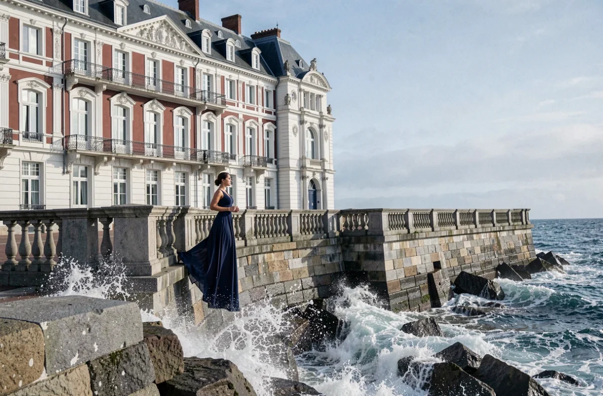 La façade Belle Époque de l'Hôtel du Palais de Biarritz face à l'Atlantique avec ses balustrades ornées et la mer agitée