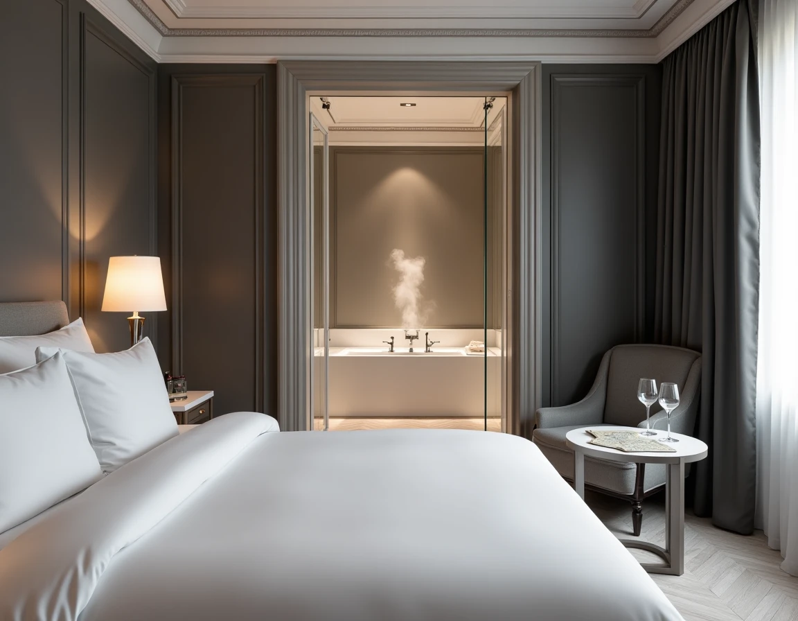 Chambre d'hôtel parisien haut de gamme avec vue sur jacuzzi à travers une paroi en verre, lit king-size en lin blanc et parquet en chevrons, idéale pour un week-end discret à Paris