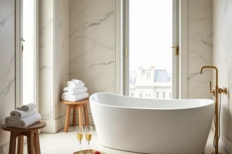 Salle de bain d'hôtel de luxe à Paris avec jacuzzi encastré en marbre blanc et pétales de roses, ambiance romantique et intime pour week-end en amoureux