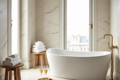 Salle de bain d'hôtel de luxe à Paris avec jacuzzi encastré en marbre blanc et pétales de roses, ambiance romantique et intime pour week-end en amoureux