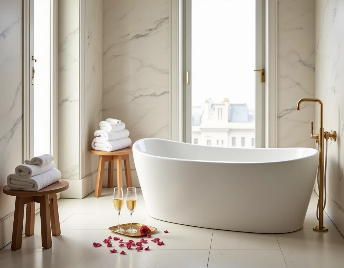 Salle de bain d'hôtel de luxe à Paris avec jacuzzi encastré en marbre blanc et pétales de roses, ambiance romantique et intime pour week-end en amoureux