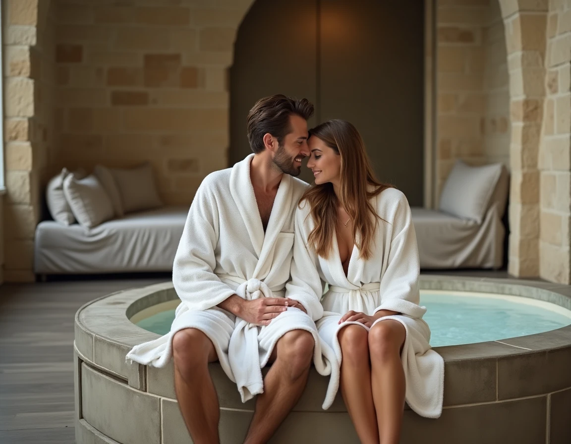 Couple en robes blanches au bord d'un jacuzzi dans une suite d'hôtel boutique parisien, ambiance romantique et détendue pour un week-end secret à Paris