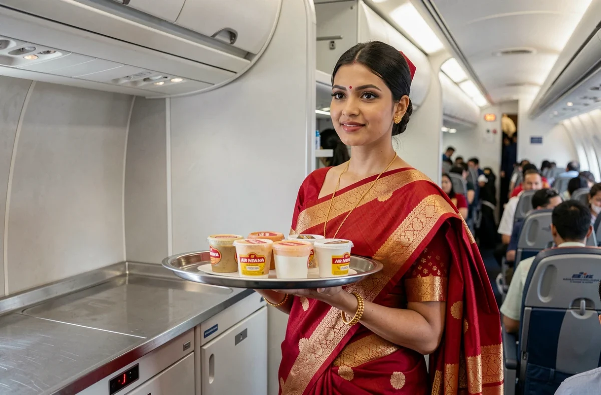 Hôtesse de l'air Air India en sari traditionnel rouge et or servant des boissons en cabine