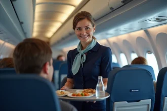 Hôtesse de l'air French Bee servant un repas à bord en classe économique