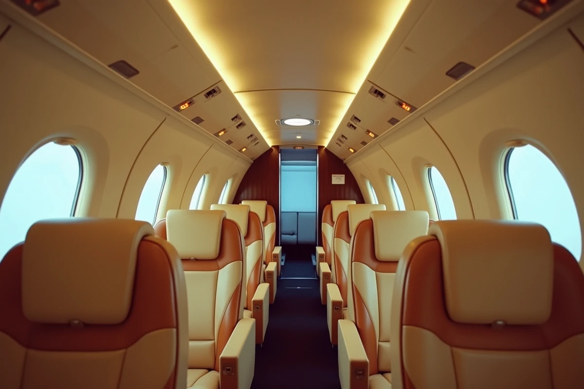 Intérieur de la cabine du Concorde avec sièges en cuir beige et hublots donnant sur la stratosphère
