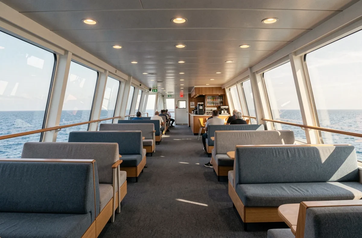 Intérieur d'un ferry méditerranéen avec couloir panoramique, sièges confortables et espace café pour les passagers