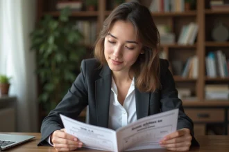 Jeune femme au bureau examine brochures CEI et concurrent