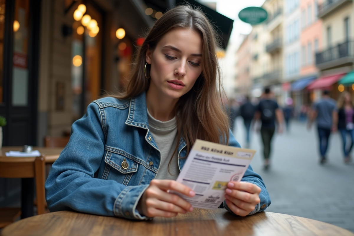 Jeune femme vérifiant un guide de devises au café