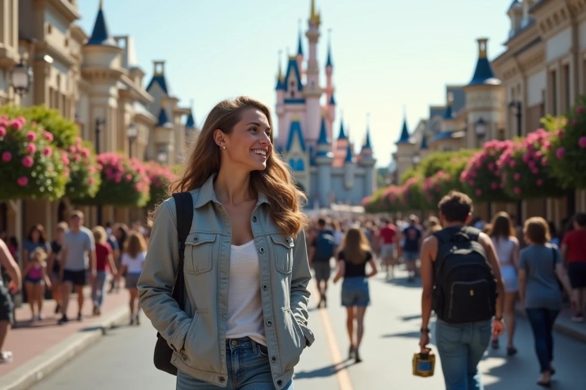 Jeune femme marchant vers le château de Disney