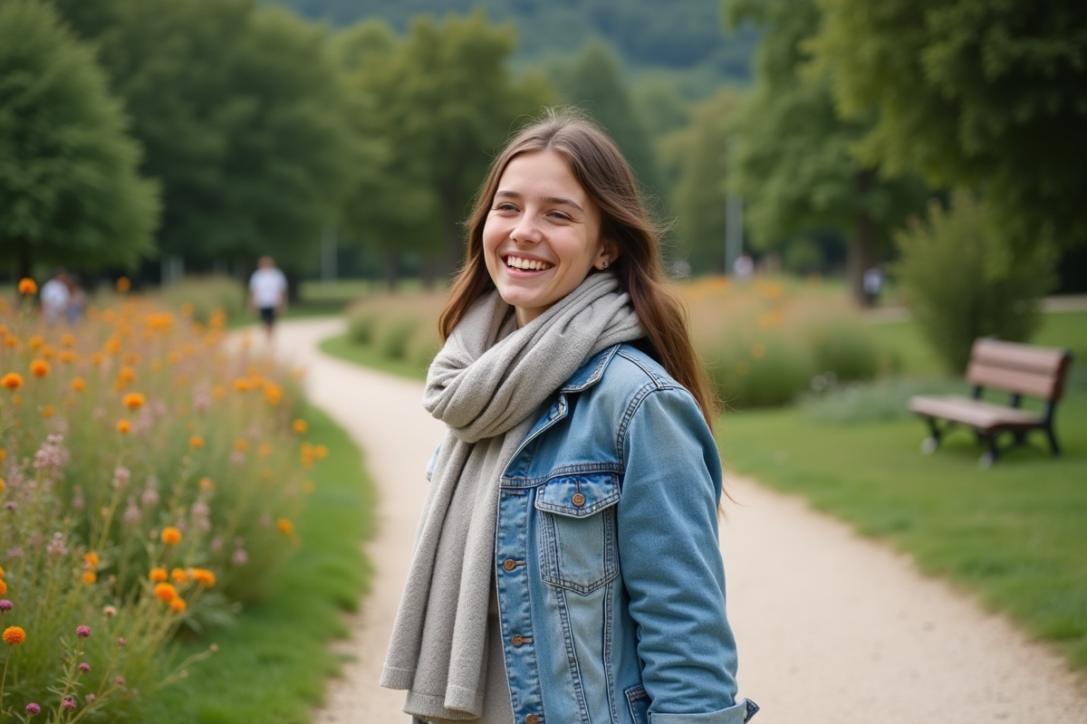 Jeune femme en denim dans un parc urbain en France