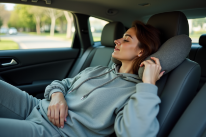 Jeune femme endormie dans une voiture moderne et spacieuse