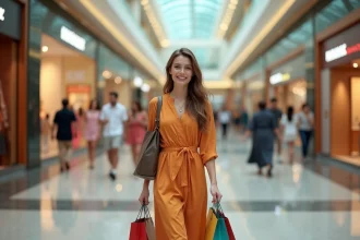 Jeune femme élégante dans un centre commercial de Dubaï