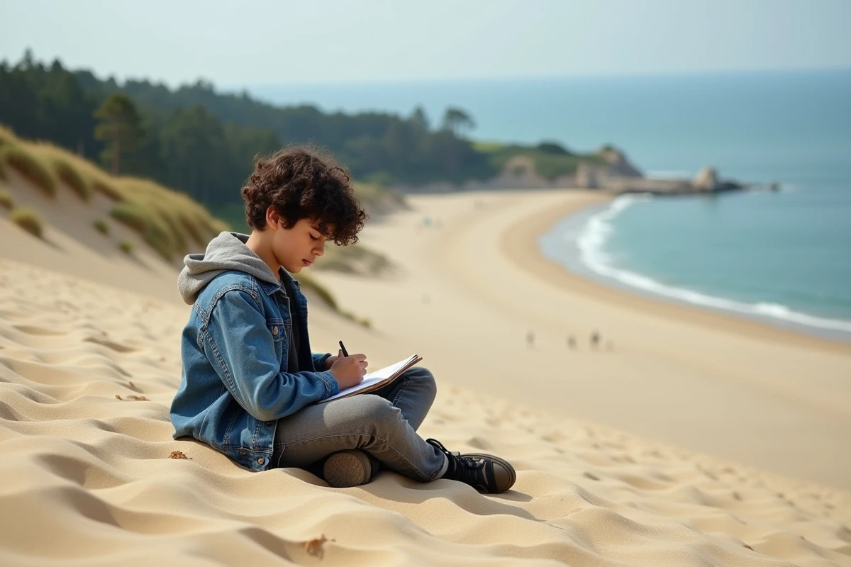 Garçon dessinant sur la dune du Pilat avec vue sur la mer