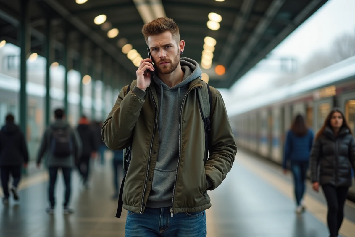 Jeune homme parlant au téléphone à la gare