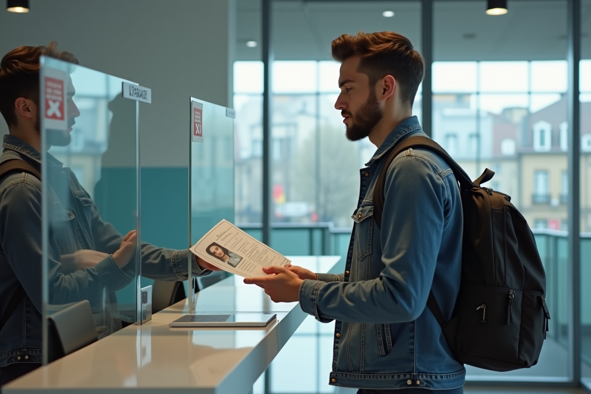 Jeune homme au consulat avec dossier de demande de visa