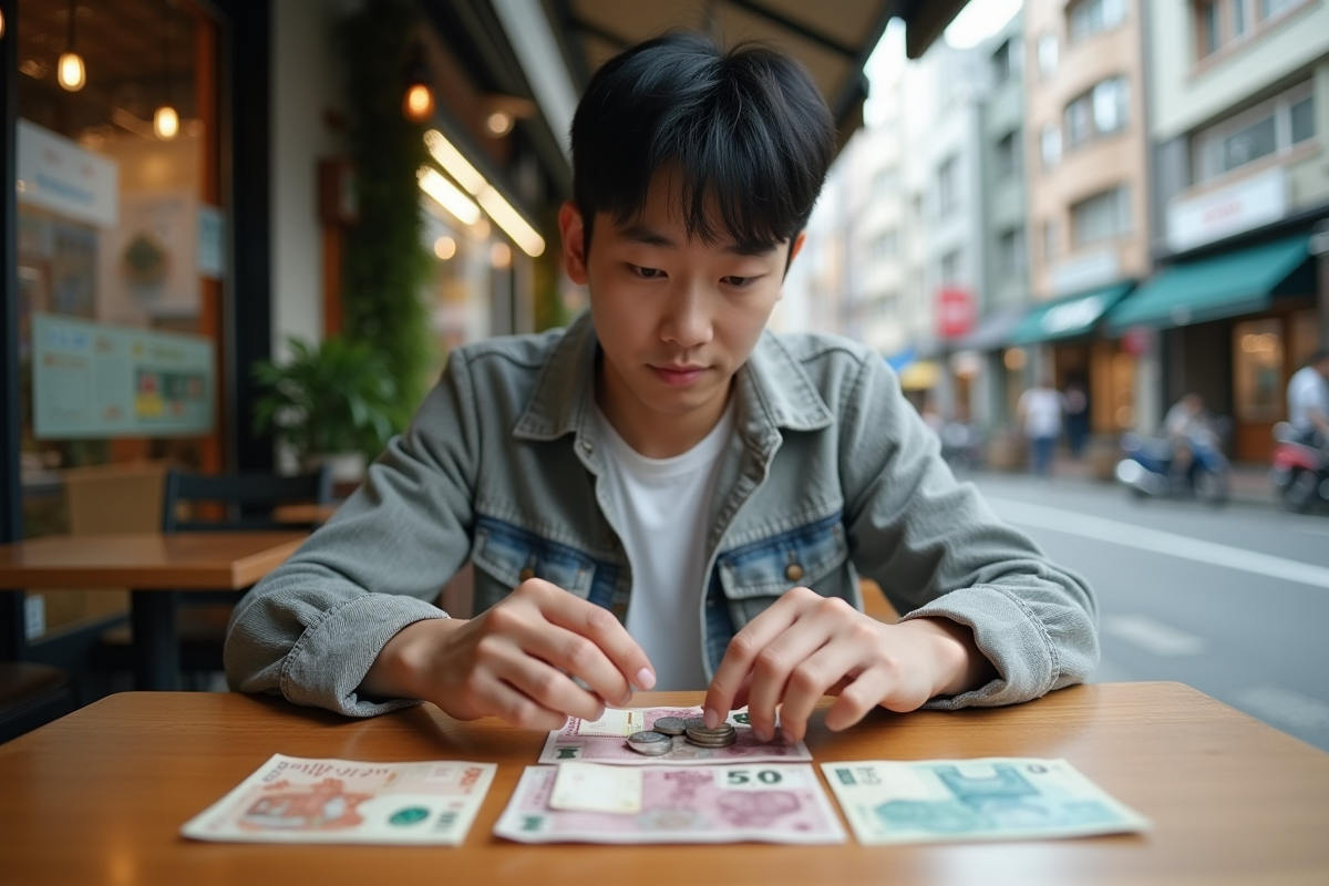 Jeune homme japonais examine monnaie au café
