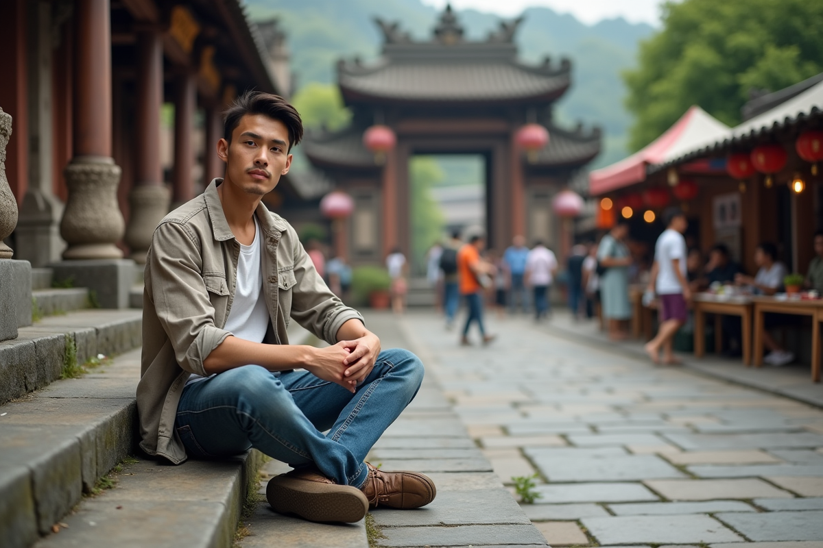 Jeune homme assis sur des escaliers en pierre devant un temple