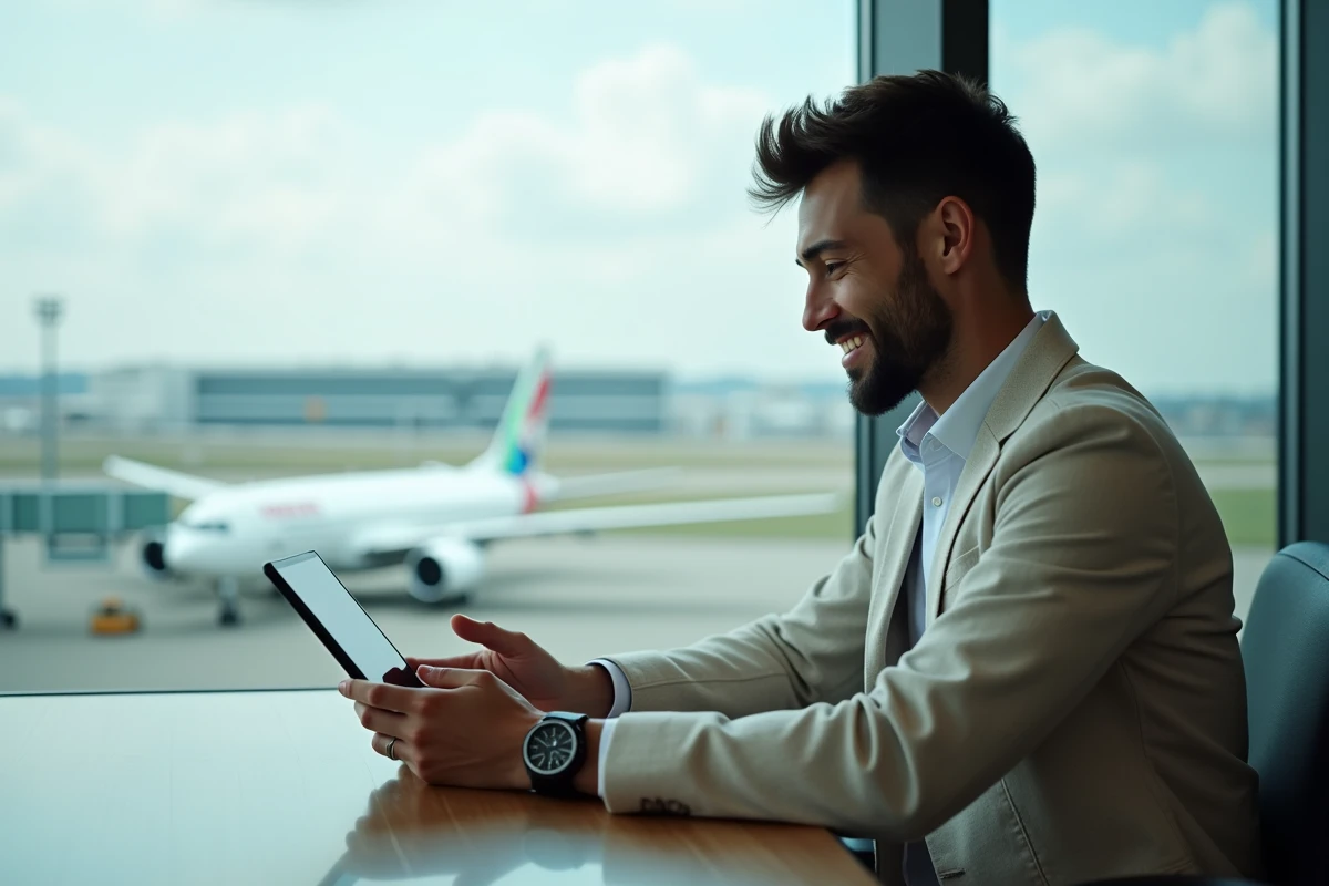 Jeune homme utilisant une tablette pour suivre un vol à l