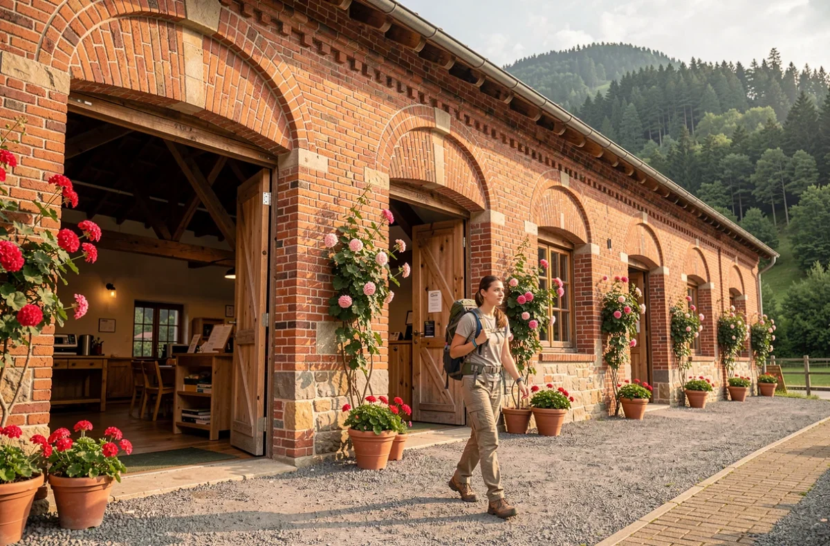 La Forge de Sainte-Marie avec bâtiment historique en briques rouges et poutres en bois reconverti en hébergement de camping dans les Vosges