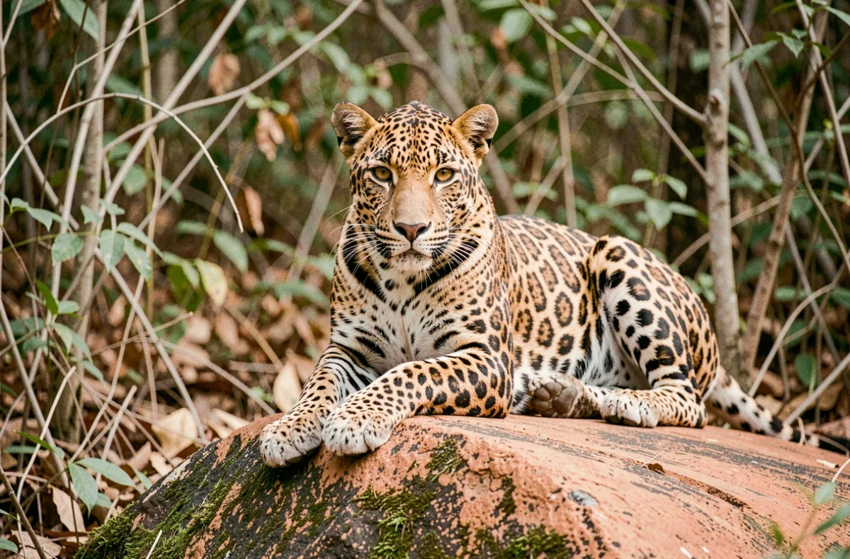 Léopard au repos sur un rocher dans la jungle du parc national de Yala à l'aube