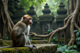 Macaque à longue queue perché sur un mur de temple en pierre moussue dans la Sacred Monkey Forest d'Ubud, Bali