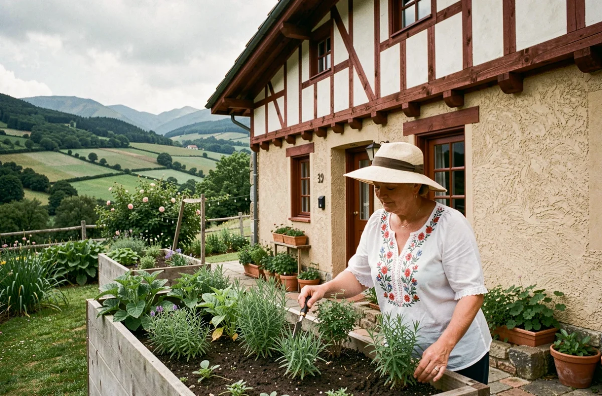 La Maison Gamboia à Hasparren avec sa façade colombages rouge et blanc typiquement basque et son jardin en terrasse sur les coteaux